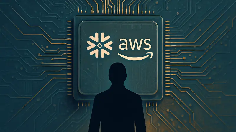 Логотипы Snowflake и AWS на фоне микросхемы, символизирующие сделку за AI-чипы