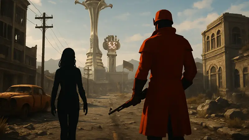 Скриншот Fallout New Vegas с улучшенной графикой и элементами модов, демонстрирующий игровой процесс.