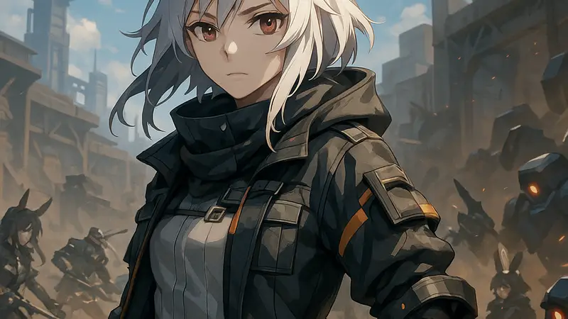 Эффектный портрет Endministrator, лидера боевой команды в Arknights Endfield, на фоне поля боя.