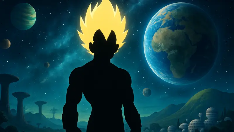 Вегета в режиме супер сайяна на фоне вселенной Dragon Ball Super