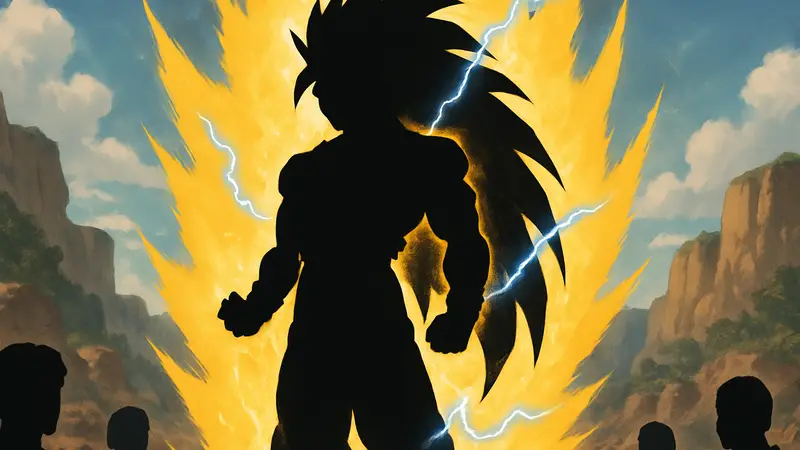 Гоку в форме Супер Сайяна 3 из Dragon Ball, яркая аура, мощный вид. Аниме.