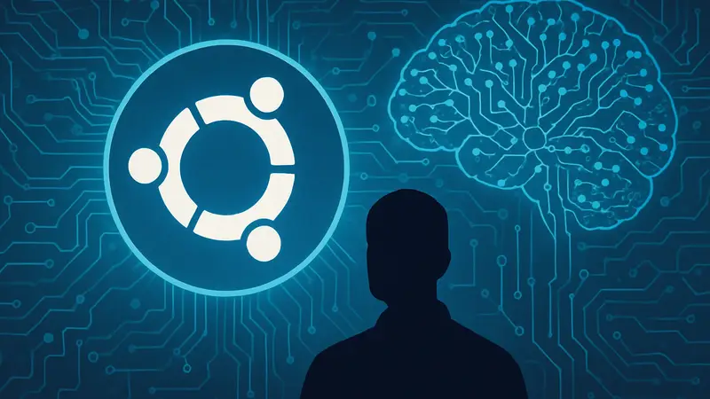 Логотип Ubuntu Linux на фоне схем искусственного интеллекта и нейросетей, символизирующий интеграцию ИИ.