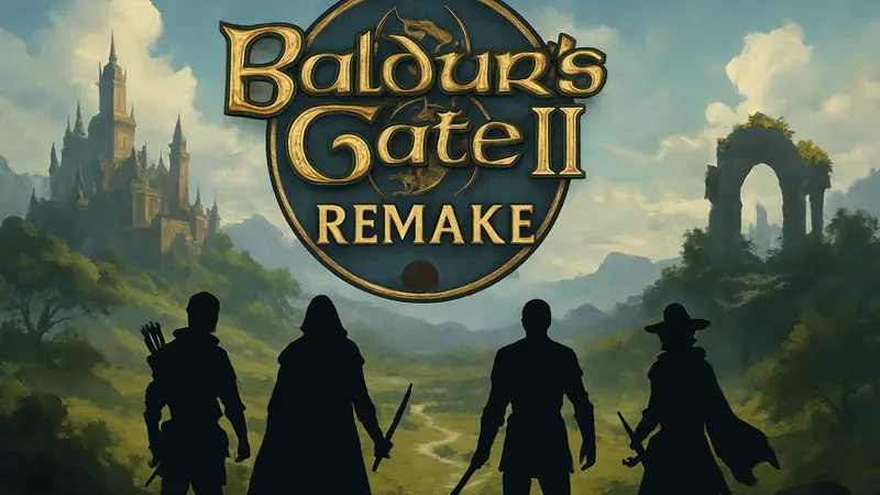 Логотип Baldur's Gate 2 с надписью 'Remake' на фоне фэнтезийного мира