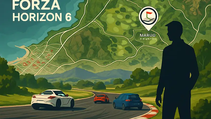 Карта Forza Horizon 6 с отмеченным гольф-полем Наруо и автомобилями на трассе.