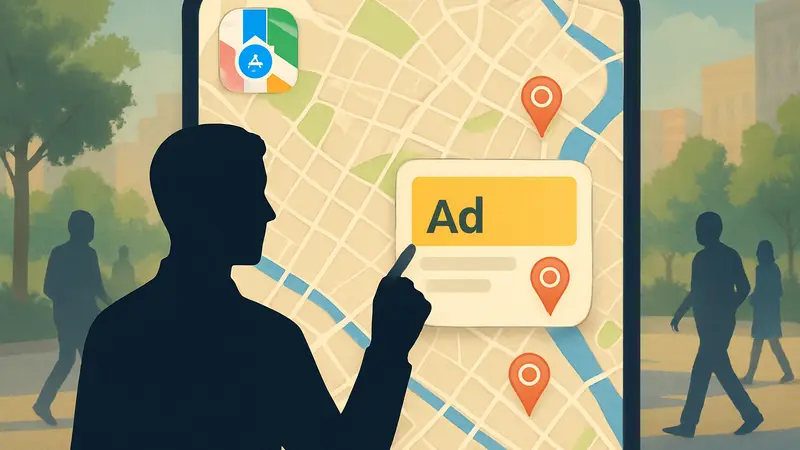 Иллюстрация карты Apple Maps с рекламным объявлением, выделенным в результатах поиска.