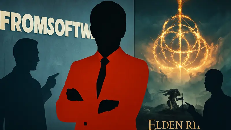 Генеральный директор Kadokawa Такеши Нацуно на фоне логотипа FromSoftware и Elden Ring, символизирующий корпоративный конфликт.
