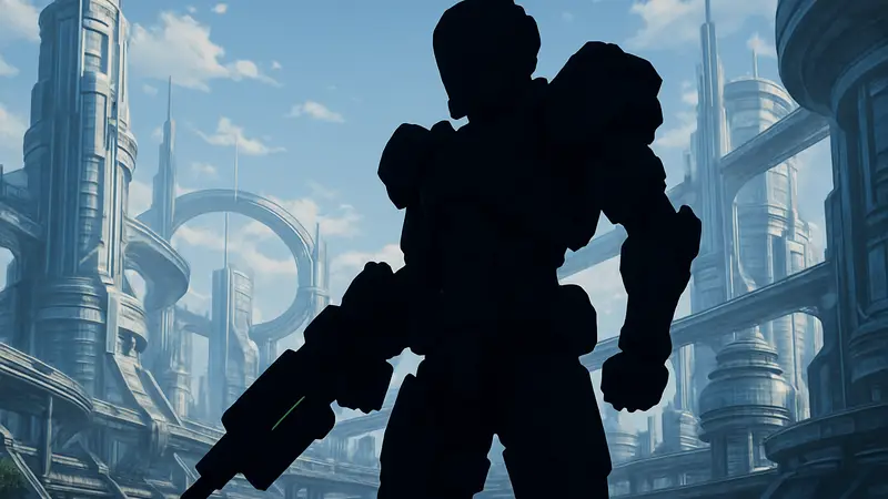 Главный герой шутера Vanquish в высокотехнологичном костюме на фоне футуристического города.