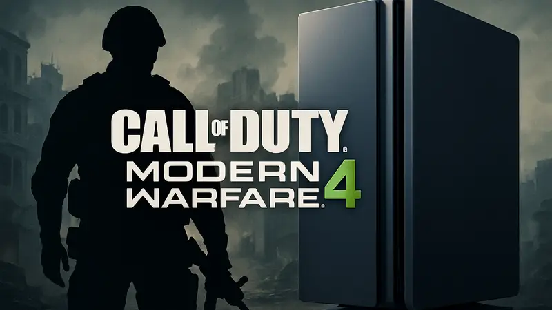 Логотип Call of Duty: Modern Warfare 4 на фоне мощной консоли PS5 Pro, демонстрирующий улучшенную графику.