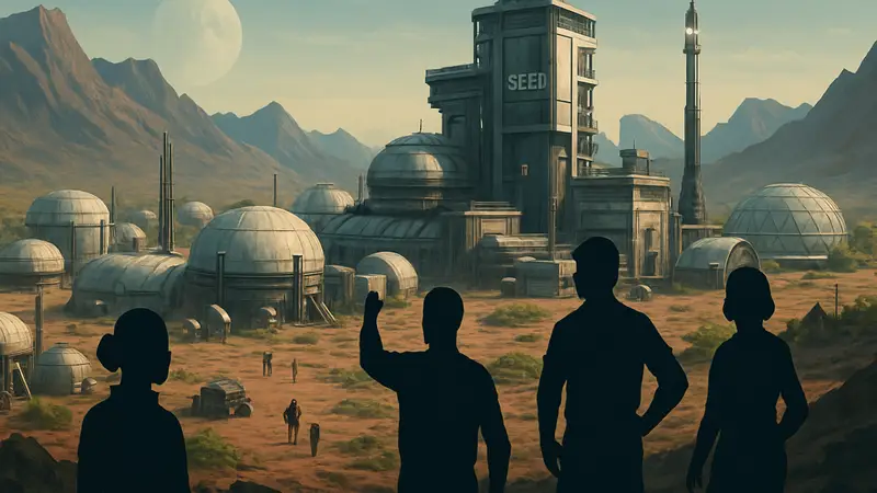Игровой концепт-арт MMO Seed, демонстрирующий колонию или поселение на чужой планете, разработанный бывшими сотрудниками EVE Online.