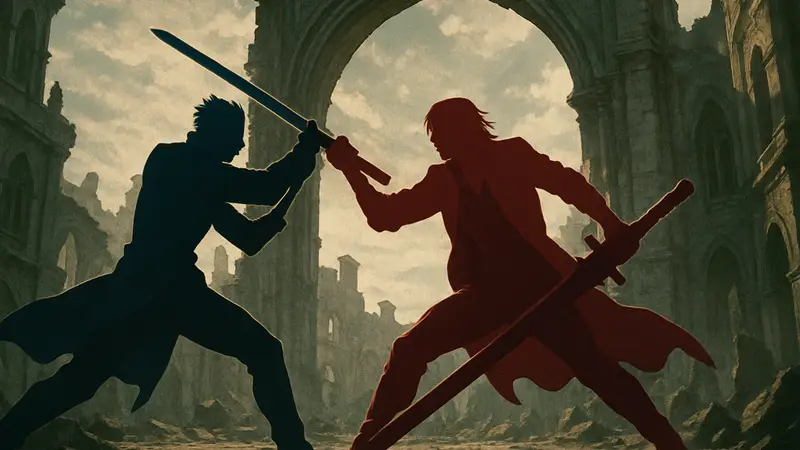 Вергилий и Данте из аниме Devil May Cry в динамичной позе с мечами.
