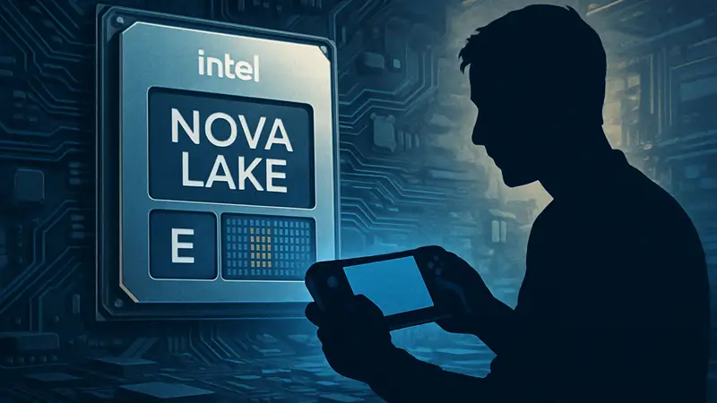 Рендер мобильного чипа Intel Nova Lake с E-ядрами и мощным iGPU для портативных устройств.