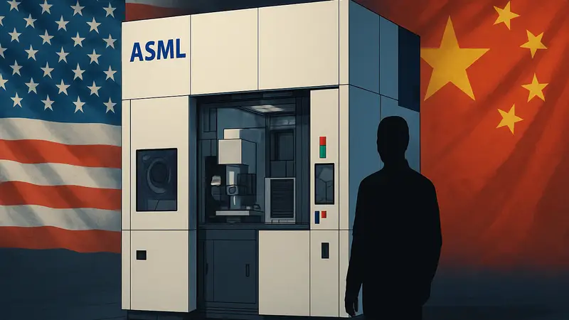 Оборудование ASML для производства чипов на фоне флагов США и Китая