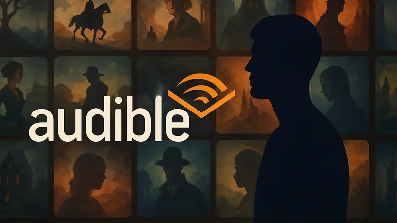 Логотип Audible на фоне обложек аудиокниг, символизирующий новый тарифный план.