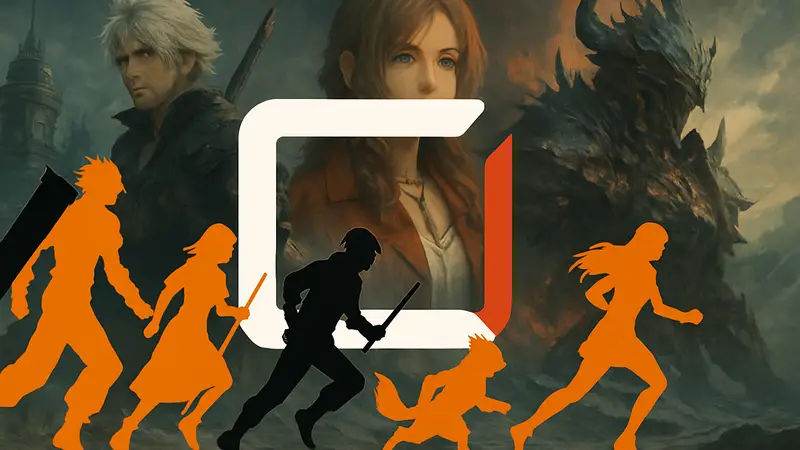 Логотип Square Enix на фоне игровых персонажей, символизирующий ускорение разработки игр.
