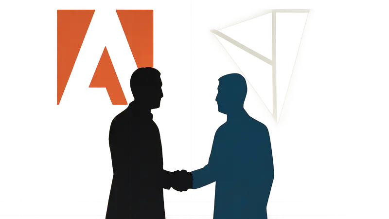 Логотипы Adobe и Topaz Labs, символизирующие слияние компаний и интеграцию технологий улучшения изображений.