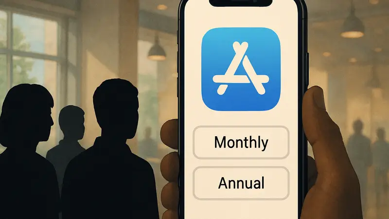 Логотип Apple App Store на экране iPhone, демонстрирующий новые варианты подписки для приложений.