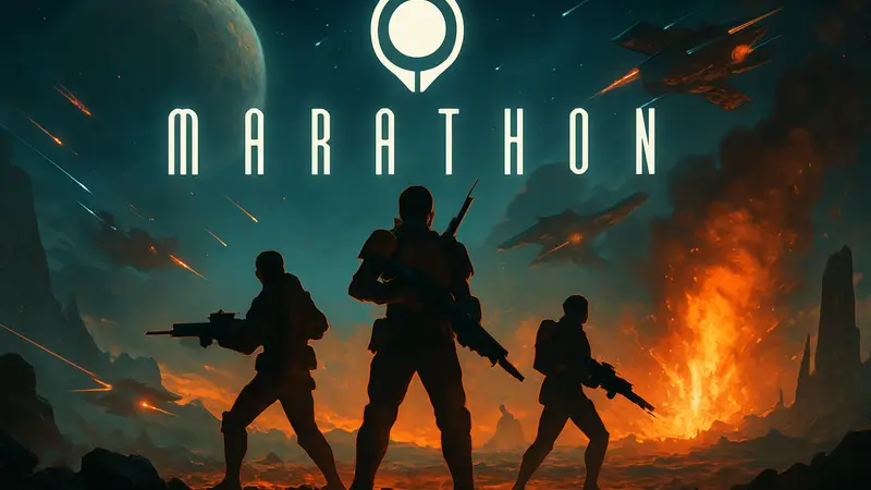 Логотип игры Marathon на фоне космического сражения или футуристического ландшафта, с надписью "Бесплатно на неделю".