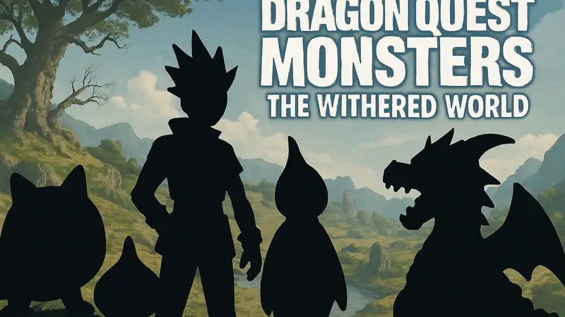 Игровые монстры из Dragon Quest Monsters: The Withered World на фоне фэнтезийного мира, логотип игры