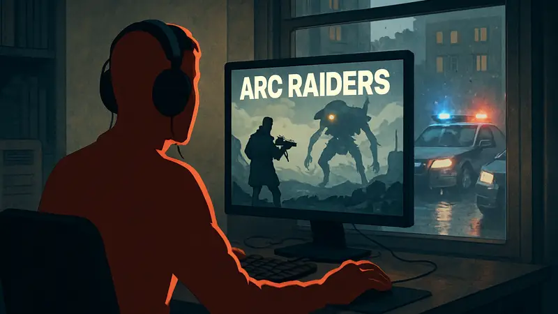 Игрок сидит перед монитором, увлеченно играет в ARC Raiders, пока за окном видны полицейские машины.