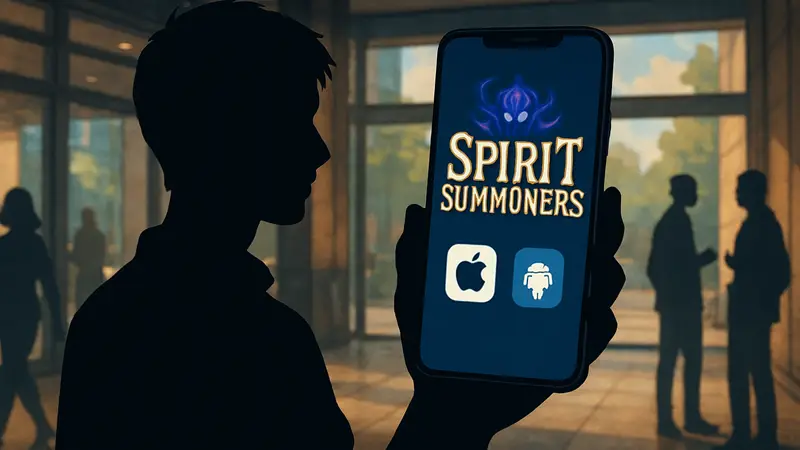 Логотип Spirit Summoners на экране смартфона с иконками iOS и Android.