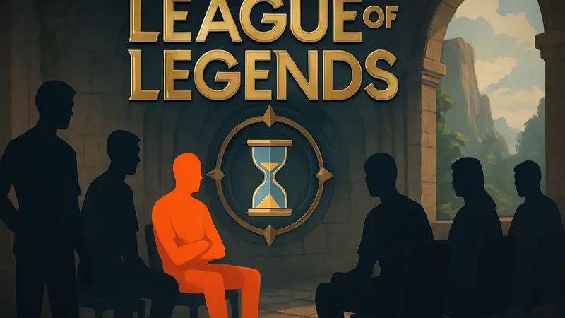 Логотип League of Legends с намёком на длительное время ожидания матчей и словом «матчмейкинг»