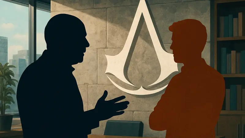 Ив Гиймо (Ubisoft) и Чарли Гиймо на фоне логотипа Assassin's Creed, обсуждение кумовства в компании.