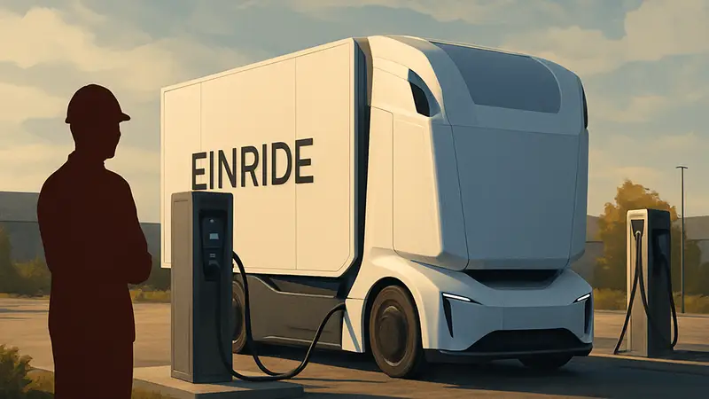 Электрический грузовик Einride на зарядной станции. Развитие EV-транспорта.