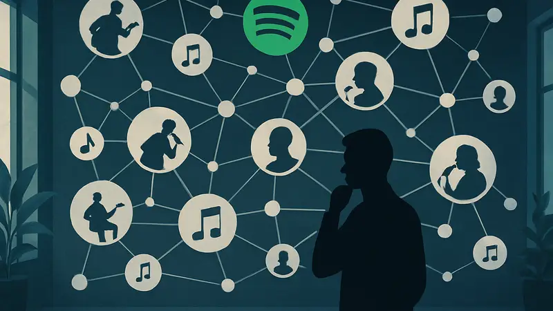 Визуализация SongDNA Spotify, показывающая связи между музыкальными треками, сэмплами и исполнителями