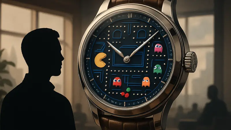 Изображение роскошных часов Krayon в стиле Pac-Man, с элементами игры на циферблате.