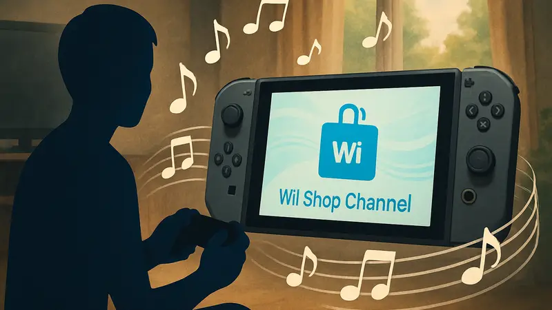 Изображение Nintendo Switch с музыкальными нотами, символизирующее обновлённую песню Wii Shop Channel