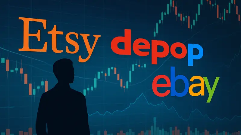 Логотипы Etsy, Depop и eBay на фоне цифровых графиков, символизирующие сделку по продаже маркетплейса Depop.