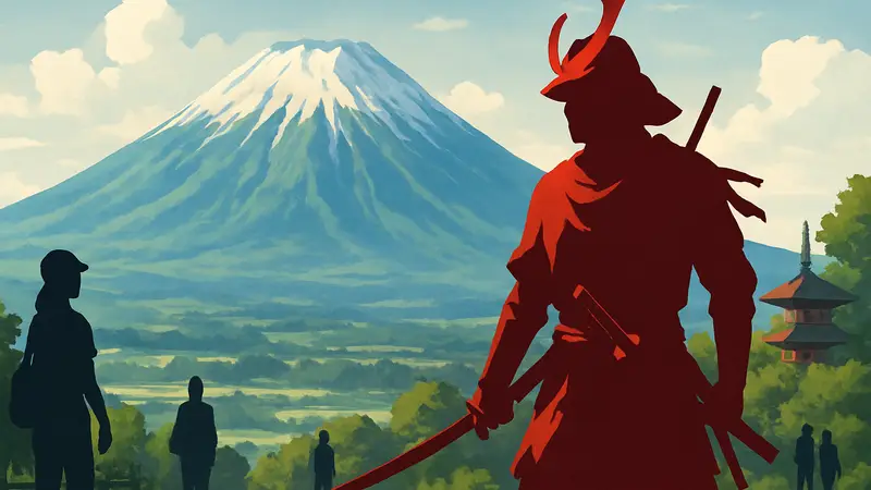 Гора Йотей в Японии, на фоне которой изображён персонаж из игры Ghost of Yotei, символизирующий туризм.