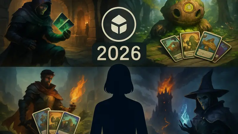 Коллаж из скриншотов и логотипов будущих игр в жанре deckbuilder 2026 года
