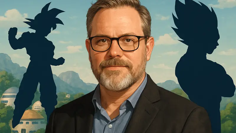 Портрет Кристофера Сабата, известного актера озвучивания, на фоне персонажей Dragon Ball.