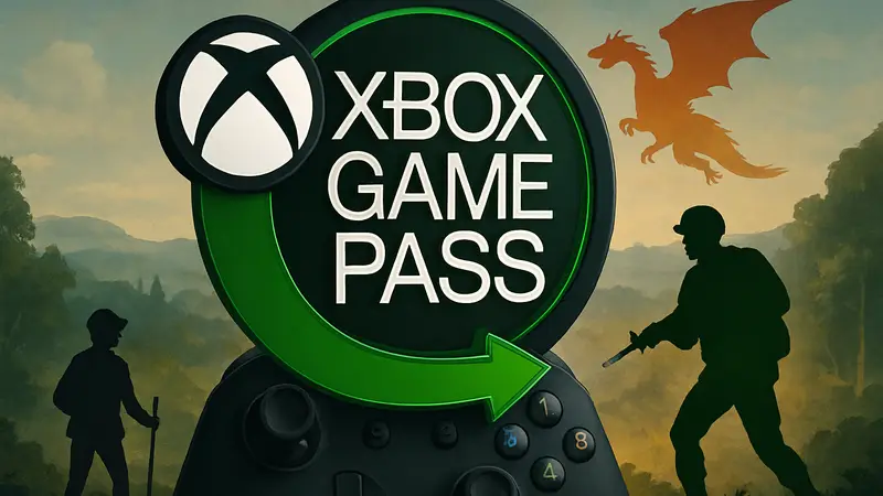 Логотип Xbox Game Pass на фоне контроллера и нескольких игровых иконок, символизирующих новые добавленные игры.