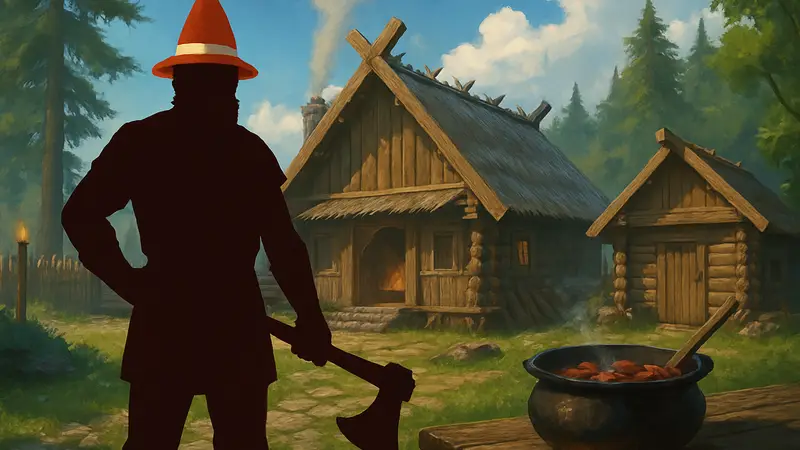 Игровой скриншот Valheim с викингом, демонстрирующим новую шляпу на фоне базы.