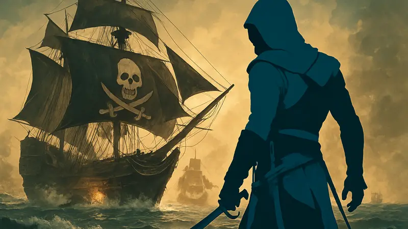 Логотип Assassin's Creed Black Flag Resynced на фоне пиратского корабля и морской битвы.