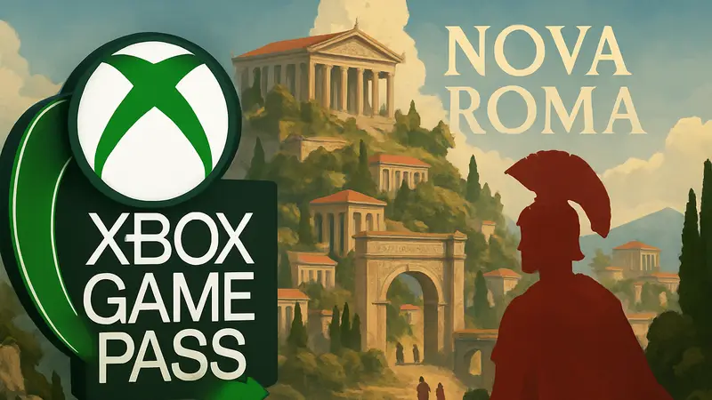 Логотип Xbox Game Pass на фоне обложки новой игры Nova Roma.
