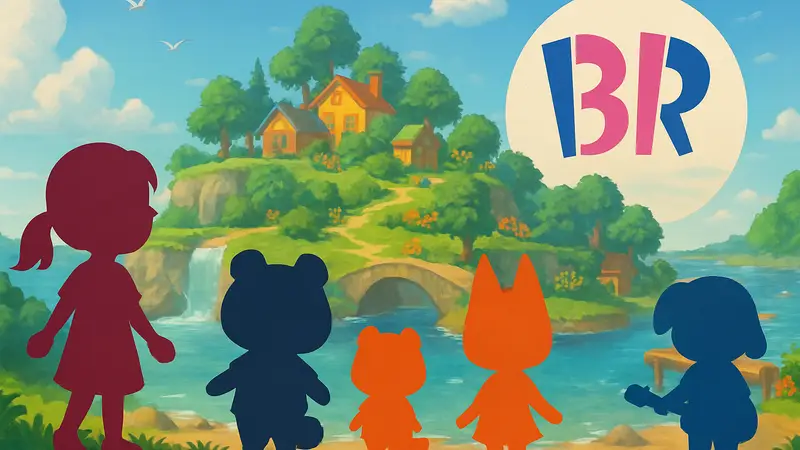 Иллюстрация: персонажи Animal Crossing на фоне острова и логотип Baskin-Robbins