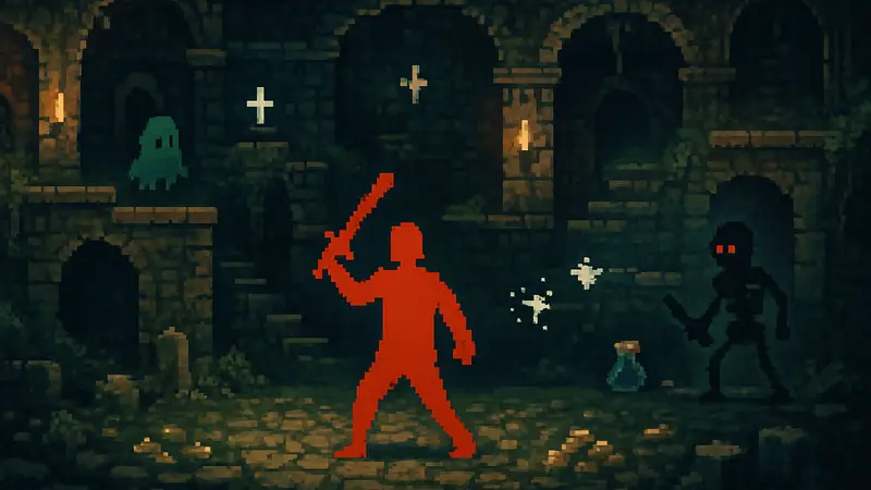 Скриншот из аркадного рогалика KAZ, показывающий пиксельную графику и геймплей.