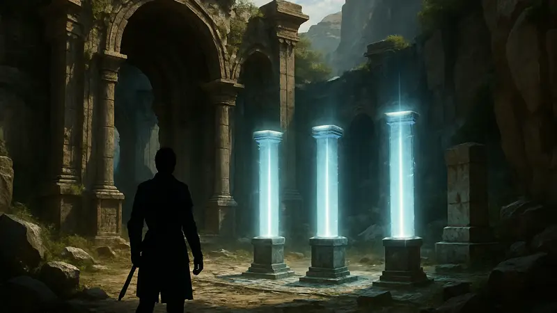 Концепт-арт или скриншот из игры Crimson Desert с древними руинами, окруженными светящимися колоннами.
