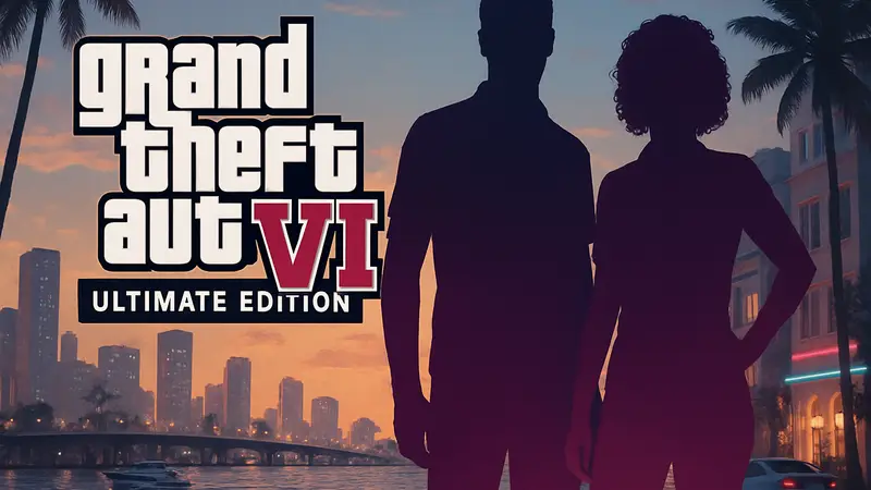 Обложка GTA 6 Ultimate Edition с изображением Джейсона и Люсии, символизирующая дополнительный контент и возможности апгрейда.