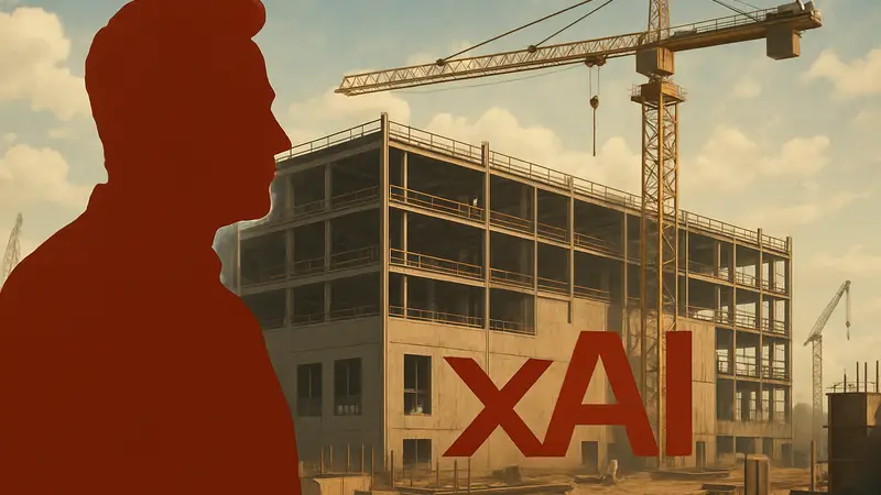 Илон Маск и логотип xAI на фоне строящегося дата-центра, символизирующего инвестиции в технологии.