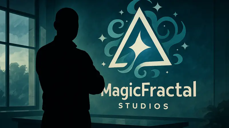 Джейсон Бланделл, основатель MagicFractal Studios, на фоне логотипа новой игровой студии