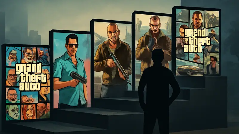 Обложки игр Grand Theft Auto, демонстрирующие различные части серии в рейтинге.