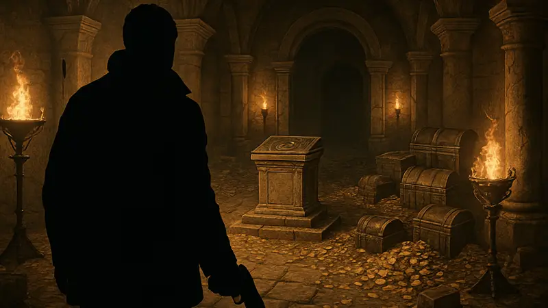 Итан Уинтерс в Resident Evil Village, на фоне Сокровищницы Ривербэнка