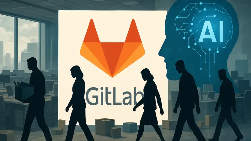 Логотип GitLab на фоне сокращений штата и инвестиций в ИИ-инфраструктуру.