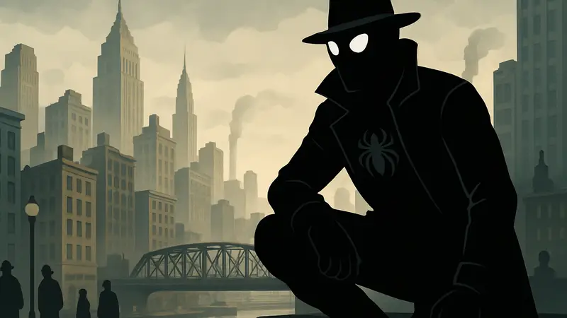 Spider-Noir в своем нуарном костюме на фоне города 1930-х годов