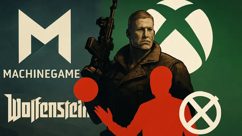 Логотип MachineGames и изображение Wolfenstein на фоне лого Xbox. Отмена PvP-шутера.