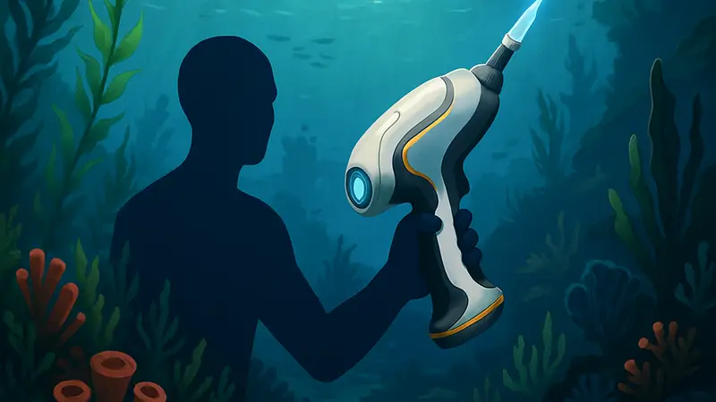 Игровой инструмент Habitat Builder в Subnautica для строительства подводной базы, окруженный морской флорой.